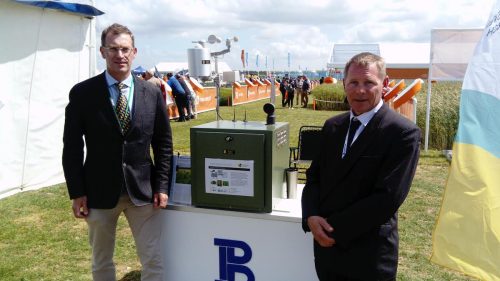 Prof. Jon West, Rothamsted Research (left) and Stuart Wili, Burkard Manufacturing Company Ltd (right) demonstrate the DNA auto spore trap at the Cereals 2018 event.